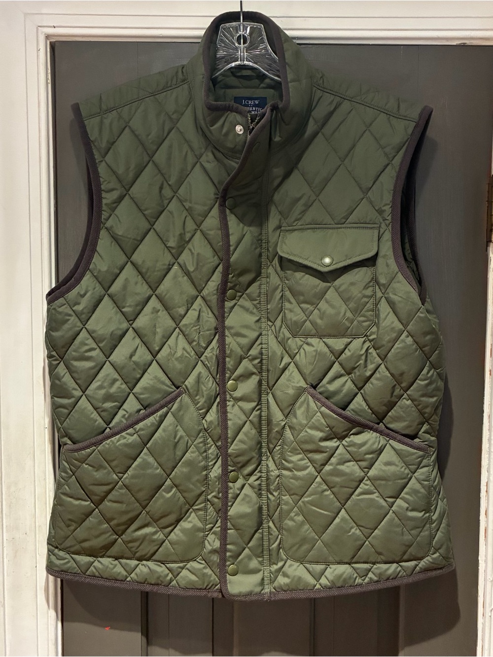 J. Crew Quilted Olive Green Vest with Contrast Trim